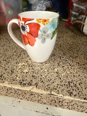 Food Network Floral Ceramic Coffee Mug with Red Poppy Accent
